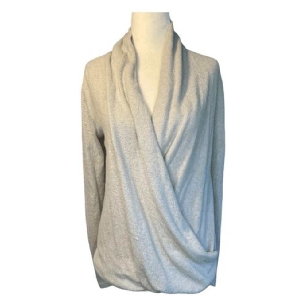 Mesh + Lace Draped Wrap Sweater Light Gray Soft Knit Top Long Sleeve V-Neck XS